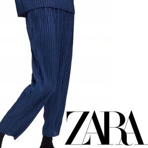 Zara Blue High Waisted Ribbed Pleated Stretch Crop Ankle Trouser Pants